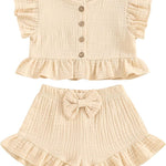 BemeyourBBs Summer Toddler Girl Clothes Baby Girl Ruffle Sleeveless Shirt with Buttons Bow Bloomers Shorts Set Cute Outfits