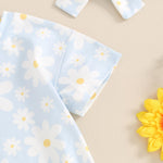 FYBITBO Newborn Infant Baby Girls Clothes Summer Daisy Romper Short Sleeve Bodysuit Cute Outfit One Piece Clothing (Floral-Blue, 0-3 Months)
