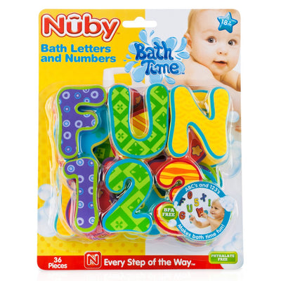 Nuby Floating Bath Tub Alphabet and Numbers Set - Soft Foam Waterproof Letters and Numbers - 36 Pieces - Educational Bath Toys for Kids - 3+ Years