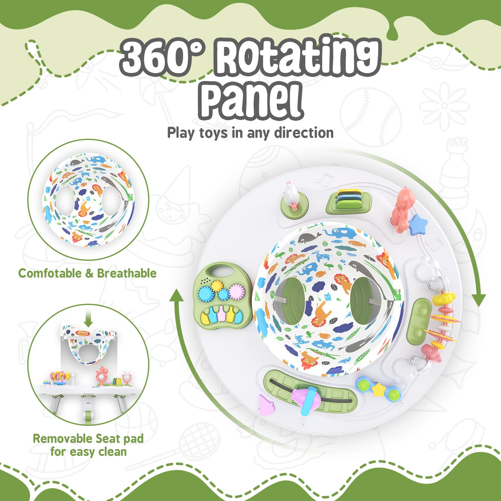 Baby Walker Foldable, 4-in-1 Toddler Infant Walkers with Wheels, 360-degree Rotatable Play Tray, for Boys and Girls 6-18 Months- Activity Center, 3-Gear Height Adjustable, Music and Lights(Green)