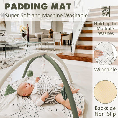 Tummy Time Mat with 6 Toys, Macrame Baby Play Mat for Newborn, Baby Gym with 12 Milestone Cards, Stage-Based Sensory and Motor Skill Development Baby Play Gym, Non Slip Mat Washable, Green