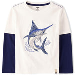Gymboree,Boys,and Toddler Long Sleeve Embroidered Layered Top,Swordfish,18 Months,24 Months