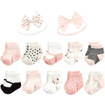 Hudson Baby Baby Girls Sock and Headband 12pc Set, Soft Pink Roses, 0-9 Months