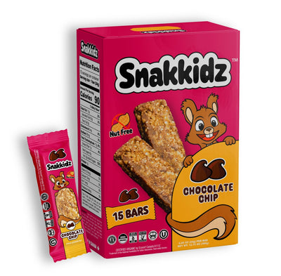 Snakkidz chocolate chip snack bar packaging with a cartoon squirrel on a white background