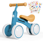 AmazingLife Baby Balance Bike Toys for 1 Year Old,No Pedal Infant 4 Wheels Blue Baby Walker,Easy to Assemble Toddler Ride On Toys,Three Free Cartoon Stickers, First Birthday Gift for Boys