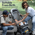 BabbleRoo Hoplite Compact Stroller – Lightweight Travel Stroller for Airplane (12.3 lbs), Newborn to 55 lbs, Easy Fold, PU Wheels, Alloy Frame, Near-Flat Recline, Raincover, Cup Holder, Baby Stroller