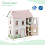 Costzon Wooden Dollhouse for Kids, 3-Level Dollhouse Playset with Double-Sided Roofs, 19 Furniture & Accessories, 5 Rooms, Pretend Play Toddler Doll House, Gift for Kids Aged 3+ (Multicolor)