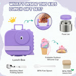 Aimsnk Magical Dinosaur Kids Lunch Box Set -12oz Insulated Food Jar, Leakproof Lunch Food Containers Cutlery, Leak-Proof Sauce Cup & Spoon, Purple+Jar