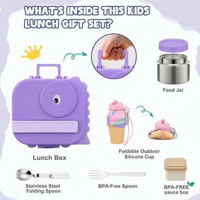 Aimsnk Magical Dinosaur Kids Lunch Box Set -12oz Insulated Food Jar, Leakproof Lunch Food Containers Cutlery, Leak-Proof Sauce Cup & Spoon, Purple+Jar