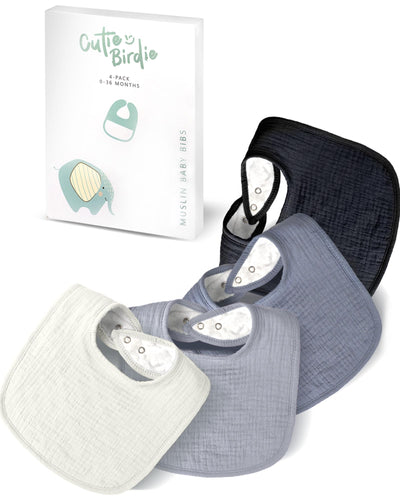 Three baby bibs in white, blue, and gray with a branded box in the background.
