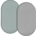 Muslin Bassinet Fitted Sheets 2 Pack, 100% Cotton Baby Cradle Sheets in Solid Green & Gray, Soft Breathable Mattress Covers for Boys & Girls, Fit Hourglass, Oval & Rectangle Pads
