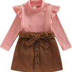 fhutpw Baby Toddler Girl Outfits Fall Winter Clothes Turtleneck Knitted Cotton Long Sleeves Tops & Button Mini Skirts Set