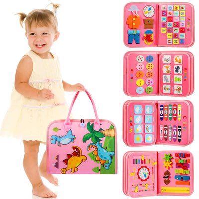 Child holding a pink educational toy case with multiple compartments on a white background