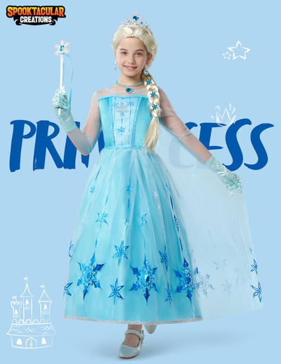 Spooktacular Creations Halloween Kids Ice Princess Dresses, Light-Up Princess Costume for Girls, Sequin Snowflake Long Cape Gown for Toddler Birthday, Halloween Dress-Up Party (3T, 3-4 yrs)