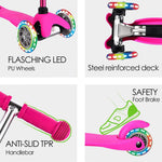 3-Wheel Kick Scooter for Kids Ages 3-8 Lean-to-Steer Toddler Scooter with Extra Wide Light Up Wheels, 4 Adjustable Heights, Foldable Scooters for Boys & Girls, Max Weight 110lbs (Pink)