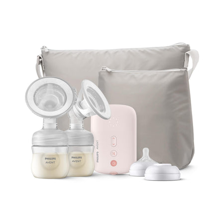 Philips Avent breast pump set with bags on a white background