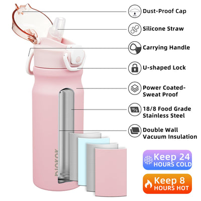 BJPKPK Water Bottle with Straw 18oz Insulated Water Bottles Reusable Stainless Steel Metal Thermal Flask with Leak Proof Lockable Lid and Carry Handle,Light Pink