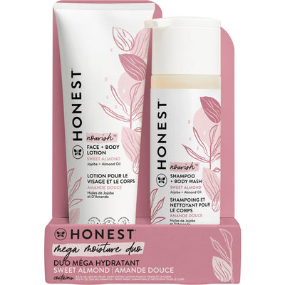 Honest brand shampoo and body wash set with pink packaging on a white background