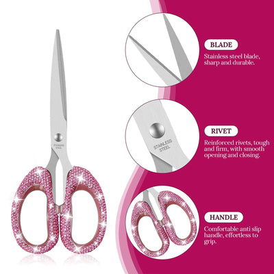 Koqye 7.68-Inch Red & Green Rhinestone Scissors - Bling Metal Cute Scissors for School, Office, Christmas, Crafting & Home - Decorative Sparkly Handle Paper Cutting Tool (Pink)