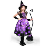 Spooktacular Creations Light-up Witch Costume for Girls, Toddlers Purple Print Witch Outfit Set with Broom Hat Sleeves for Kids Halloween Dress Up Parties, S