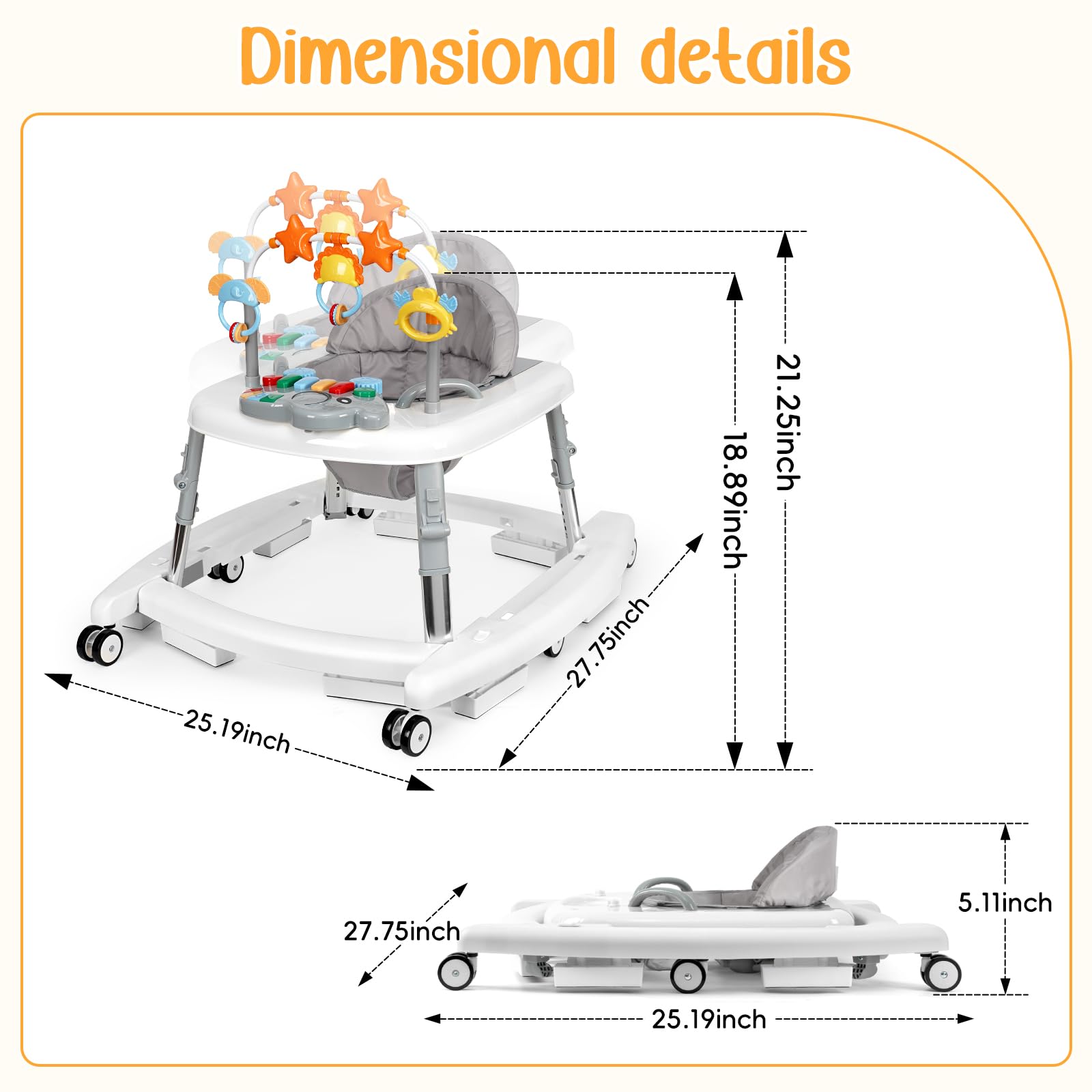 Wolfcode 5-in-1 Music and Lights Baby Walker Foldable with 5 Adjustable Heights, Baby Walker with Wheels and Bouncer Combo Portable, Infant Toddler Walker for Baby Boy Girls 6-18 Months