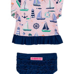 RuffleButts Baby/Toddler Girls Long Sleeve Rash Guard UPF50+ Sun Protected Bikini Swimsuit - Pink Sweet Sails, 3-6m