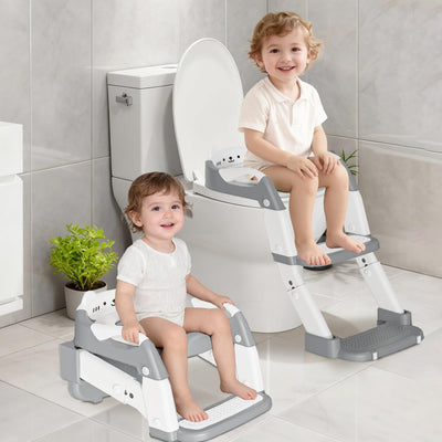 Potty Training Seat with Step Stool Ladder, 3-in-1 Toddler Potty Training Toilet Seat for Boys Girls, Height Adjustable Foldable Toddler Potty with Splash Guard, Non Slip Pad and Safety Handles(Grey)