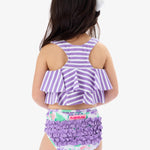 RuffleButts Girls UPF50+ Sun Protection Flounce Bikini Two Piece Swimsuit - Purple Hydrangea Garden, 3-6m