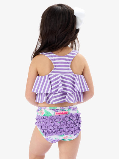 RuffleButts Girls UPF50+ Sun Protection Flounce Bikini Two Piece Swimsuit - Purple Hydrangea Garden, 3-6m