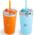 Two insulated tumblers, one orange and one blue, with straws on a white background.