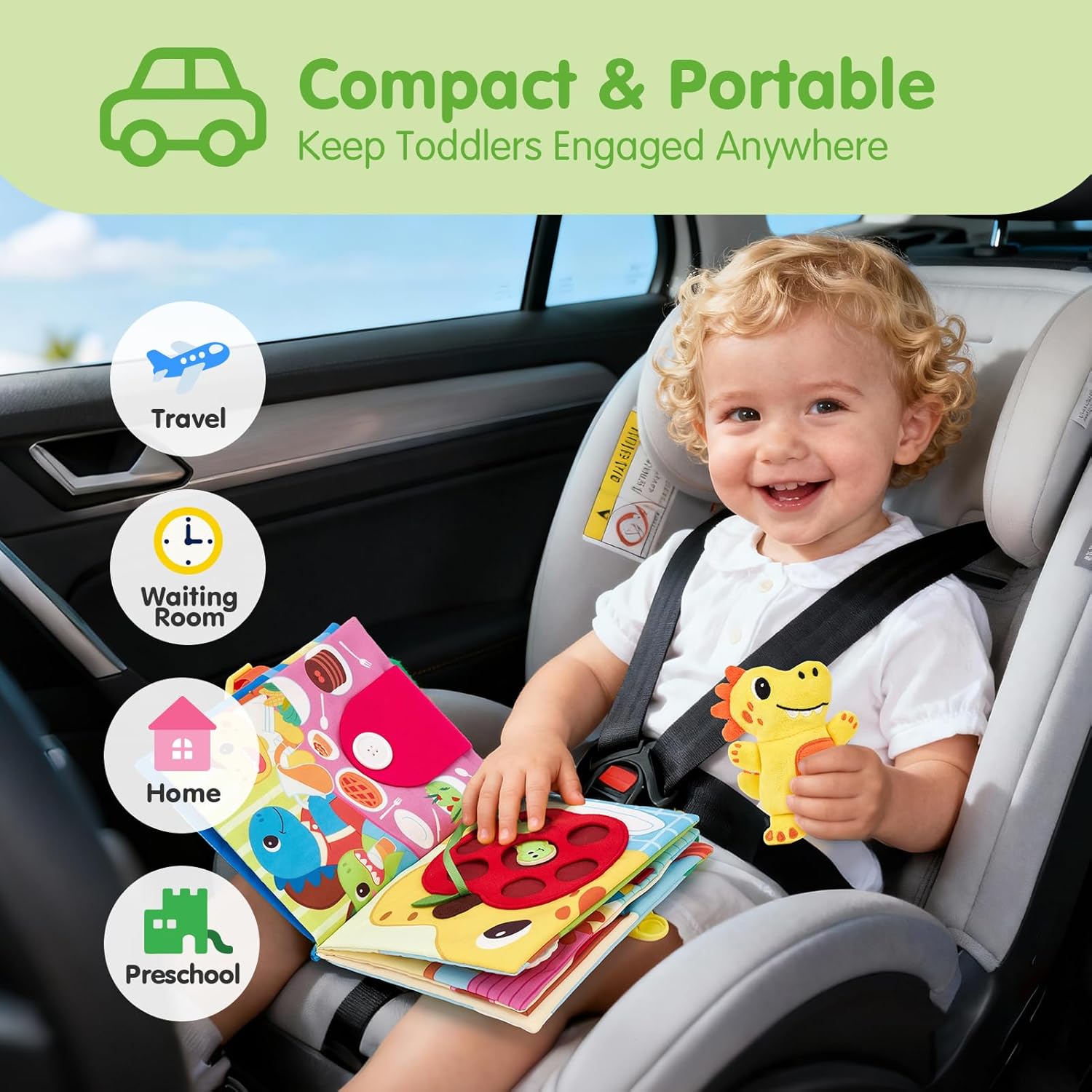 hahaland Busy Book for Toddlers 1-3 - Montessori Toys for 1 Year Old Boy Gifts, Sensory Toys, Dinosaur Soft Fabric Activity Book for Fine Motor Skills, Educational Learning Travel Baby Toys 1 Year Old