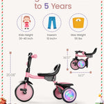 besrey Kids Tricycle with Flash Wheels for Ages 18 Months to 5 Years, Toddler Tricycle with Bell, Kids Tricycle, Gift for 2-5 Year Olds, Gift and Toy for Boys and Girls, Tricycle for Toddlers, Pink
