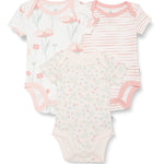 HonestBaby Unisex Baby 100% Organic Cotton 3-Pack Short Sleeve One-Piece Bodysuits, Strawberry Pink Floral, 18 Months