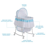 Dream On Me Lacy Portable 2-in-1 Bassinet & Cradle with Full Canopy, Storage Basket, Locking Wheels, Lightweight Frame, JPMA & BSA Certified, Includes 1” Mattress Pad -Blue and White