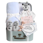 Baby Shower Gifts, Baby Boy Gifts Basket Includes Newborn Blanket Baby Lovey Security Blanket, Funny Baby Bibs Socks & Greeting Card - Baby Gift Set Newborn Shower Basket for Boys