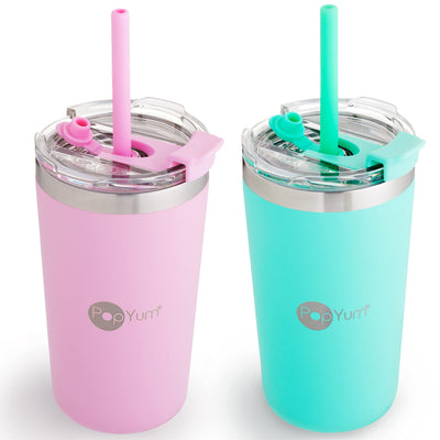 Two colorful tumblers with straws on a white background, featuring the Pop Yum brand.