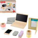 Fisher-Price Wood Pretend Play Work from Home Set, 9-Piece Office Playset with Wooden Toy Laptop & Phone for Preschool Kids Ages 3+ Years