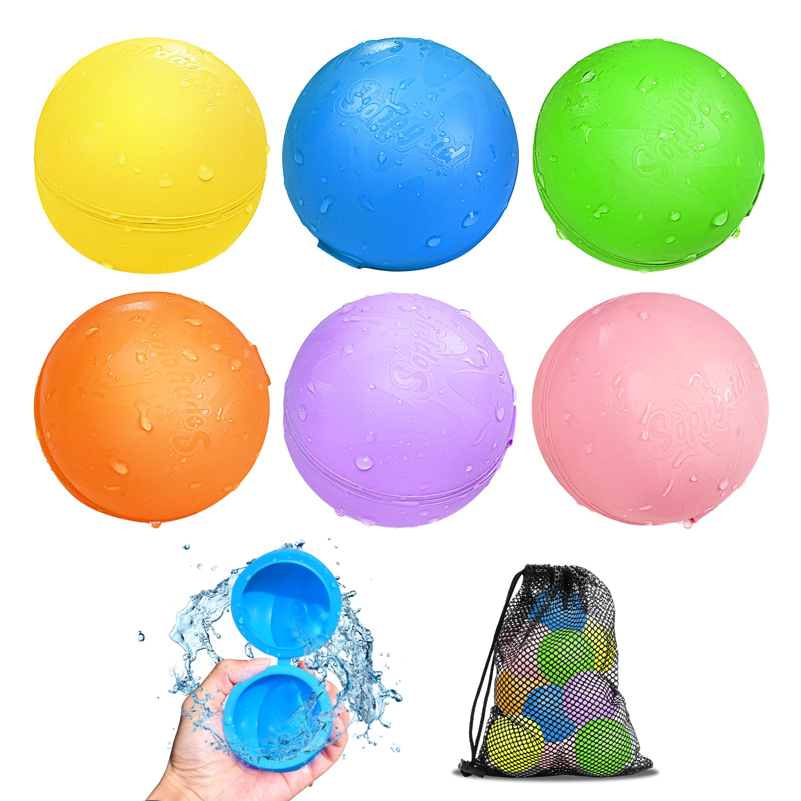 SOPPYCID 6PCS Reusable Water Balloons - Quick Fill Water Balls Toys For Toddler Age 4-8 - Refillable Magnetic Self-Sealing Water Splash Bomb For Summer Party Pool Outdoor Beach Toys for kids Age 8-12