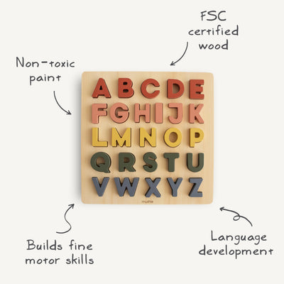 mushie Wooden Alphabet Puzzle | for Kids 3 Years+ | Preschool Educational & Toddler Montessori Toys (26 pcs)