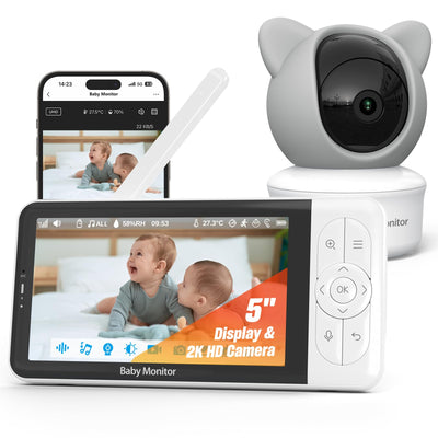 Baby monitor with 5-inch display and 2K HD camera, showing a child on the screen.