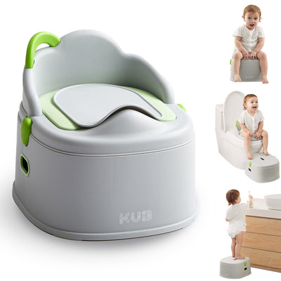 Gray and green potty chair with children using it on a white background