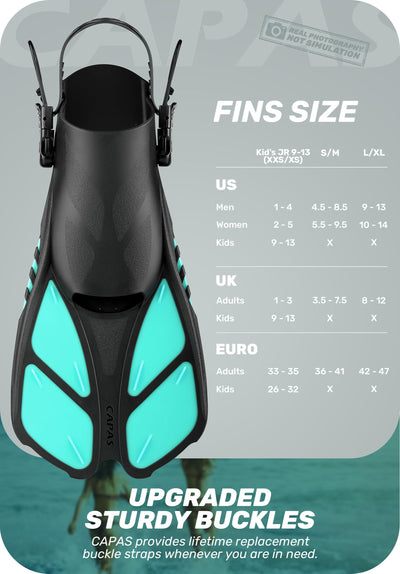 CAPAS Snorkel Fins, Swim Fins Travel Size Short Adjustable for Snorkeling Diving Adult Men Women Kids Open Heel Swimming Flippers