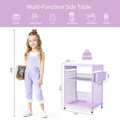 ECOLOVI Kids Nightstand 19in High for Floor Beds, 3-Tier Metal Small Bedside Table with Adjustable Storage Shelf, Basket & 3 S-Hooks, Low Nightstand for Nursery, Toddler Bedroom (Purple)