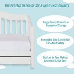 Dream On Me Toddler Day Bed in White – Greenguard Gold & Baby Safety Alliance Certified, Low-to-Floor Design, Removable Safety Guard Rail, Non-Toxic Finish, Includes Storage Drawer