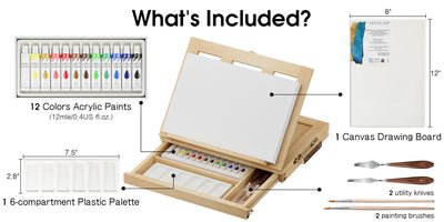 LUCYCAZ Art Easel for Painting, Tabletop Painting Easel Set for Kids, Pine-Wood Portable Easel Stand for Artists with Canvas, Acrylic Paints, Brushes, Palette and Palette Knives for Adults Beginners