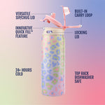 Ello Pop & Fill 18oz Stainless Steel Kids Water Bottle with Quick Fill Lid | Vacuum Insulated BPA Free Bottle with Leak Proof Straw and Chug Lid, Dishwasher Safe, Gift For Kids Teens, Cheetah
