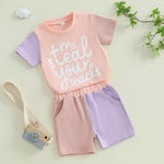FOCUSNORM Toddler Baby Girls Summer Clothes Letter Short Sleeve T-shirt Top Shorts Sets Cute Newborn Infant Outfits 6M-3T (Contrast Pink, 18-24 Months)