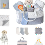 CREVENT Baby Welcome Gift Set Storage Basket with 2 Blankets+ 1 Security Blanket + 1 Taggie + 1 Gift Bag with Ribbon (Ivory)