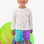 RUGGEDBUTTS Boys UPF50+ Sun Protected Stretch Dolphin Hem Swim Trunks - Neon Bright Aqua Color Block, 3-6m