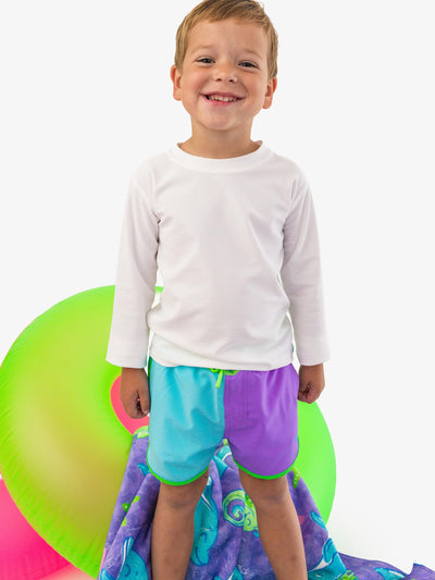 RUGGEDBUTTS Boys UPF50+ Sun Protected Stretch Dolphin Hem Swim Trunks - Neon Bright Aqua Color Block, 3-6m